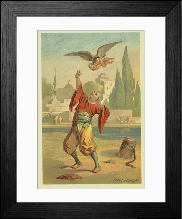 Framed Print : Illustration of a Bird Stealing a Man's Turban by Carl Offterdinger from The Arabian Nights Framed Print : Illustration of a Bird Stealing a Man's Turban by Carl Offterdinger from The Arabian Nights