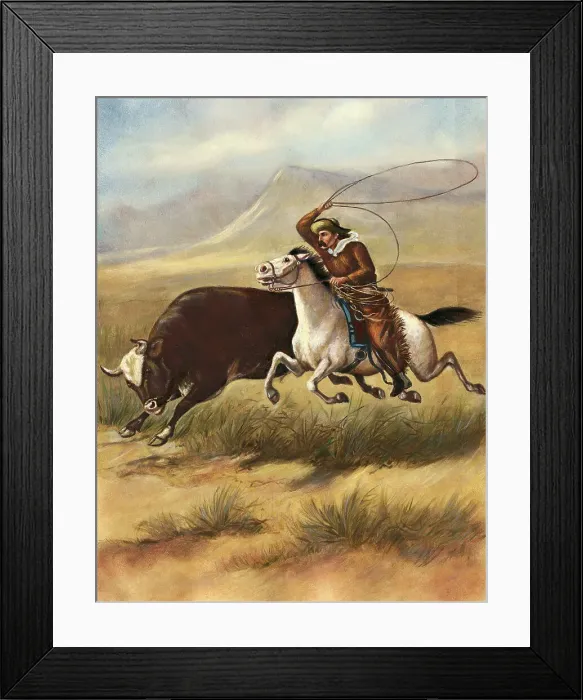 Framed Print : Illustration of a Cowboy Lassoing a Steer