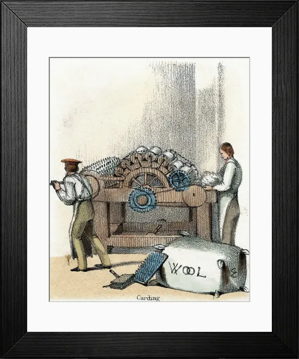 Framed Print : Men Using Wool Carding Machine