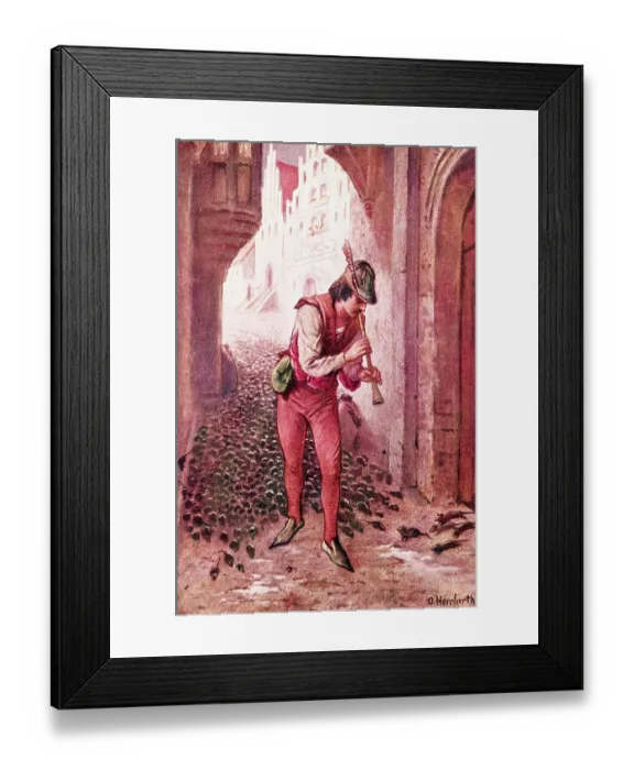Framed Print : Illustration of the Pied Piper Playing His Flute by Oscar Herrfurth Framed Print : Illustration of the Pied Piper Playing His Flute by Oscar Herrfurth