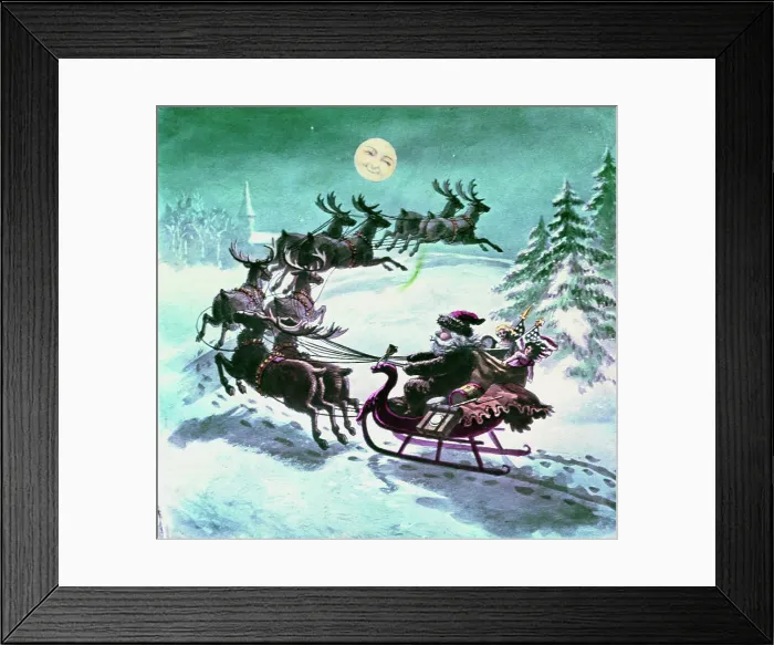 Framed Print : Smiling Moon Gazing on Santa Claus Riding in His Deer Drawn Sleigh Framed Print : Smiling Moon Gazing on Santa Claus Riding in His Deer Drawn Sleigh