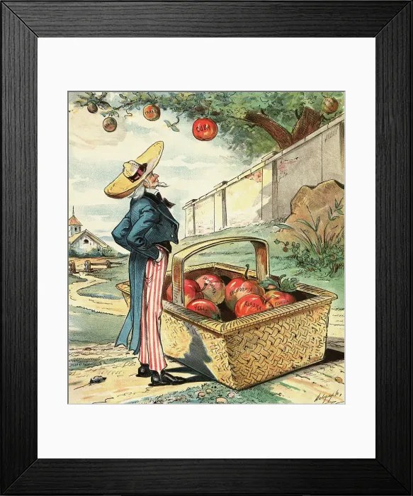 Framed Print : Uncle Sam Standing Beside Basket of Apples Framed Print : Uncle Sam Standing Beside Basket of Apples