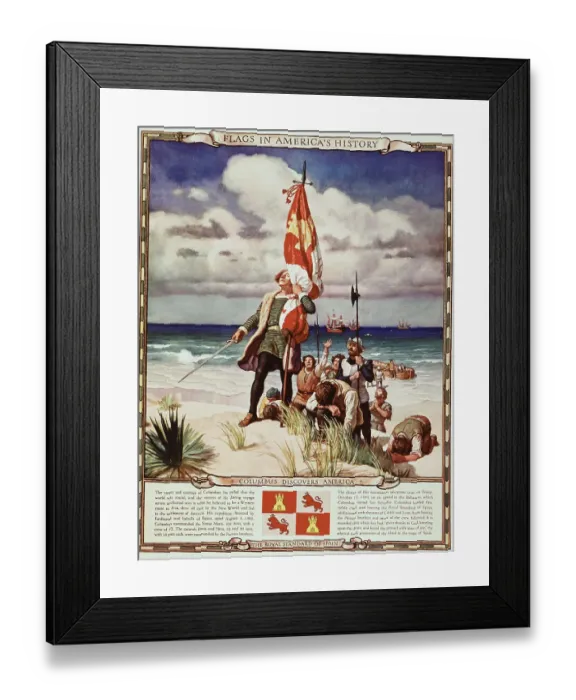 Framed Print : Illustration of Christopher Columbus and His Men Arriving on the Shores of America Framed Print : Illustration of Christopher Columbus and His Men Arriving on the Shores of America