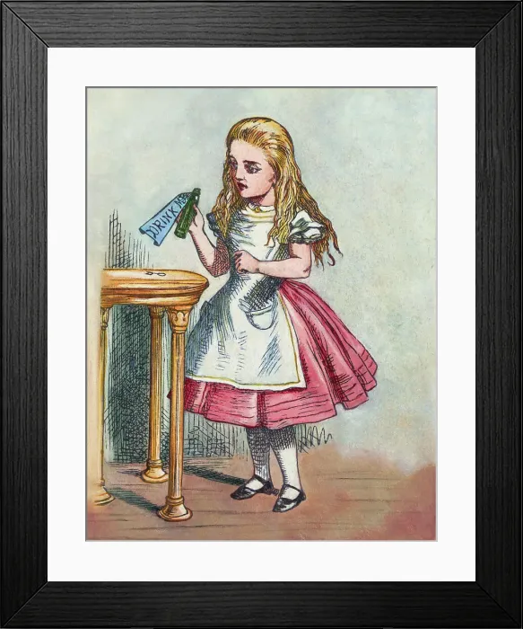 Framed Print : Illustration Depicting Alice Holding the Bottle Labelled Drink Me after John Tenniel Framed Print : Illustration Depicting Alice Holding the Bottle Labelled Drink Me after John Tenniel