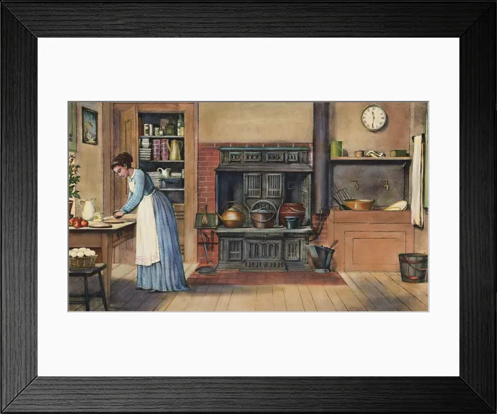 Framed Print : Illustration of Woman Cooking in Early Kitchen Framed Print : Illustration of Woman Cooking in Early Kitchen