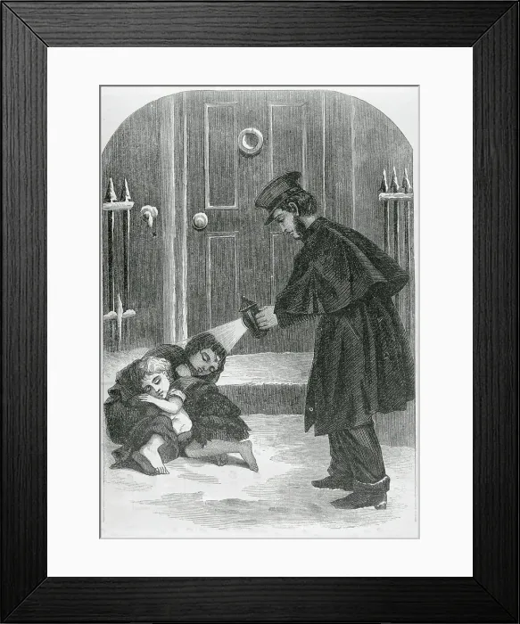 Framed Print : Magazine Illustration Depicting a Policeman Discovering Sleeping Orphans Framed Print : Magazine Illustration Depicting a Policeman Discovering Sleeping Orphans