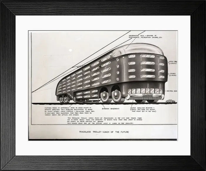 Framed Print : Futuristic Trolley with Stores and Five Levels Framed Print : Futuristic Trolley with Stores and Five Levels