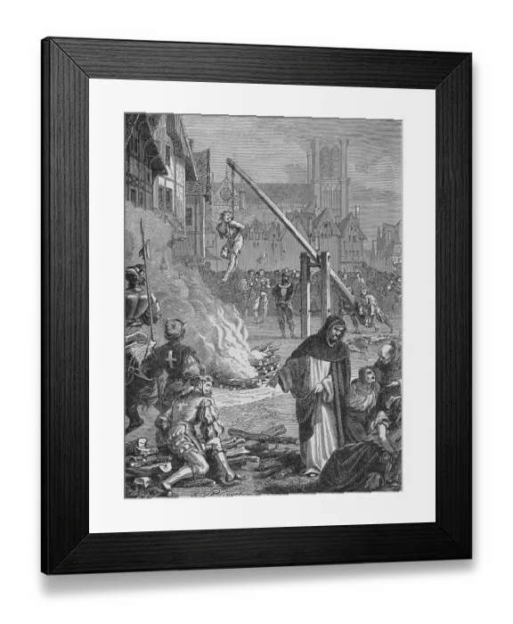 Framed Print : Illustration of a French Protestant being Tortured by Roman Catholics Framed Print : Illustration of a French Protestant being Tortured by Roman Catholics