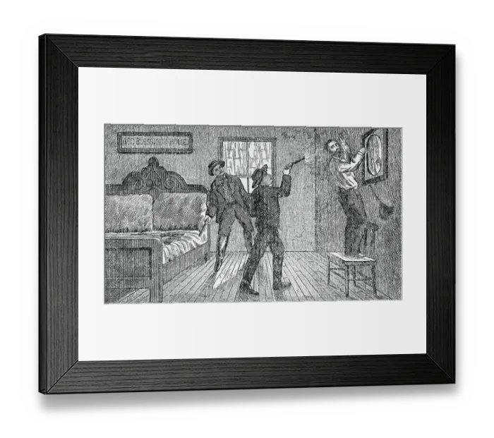 Framed Print : Woodcut Illustration of Bob Ford Shooting Jesse James Framed Print : Woodcut Illustration of Bob Ford Shooting Jesse James