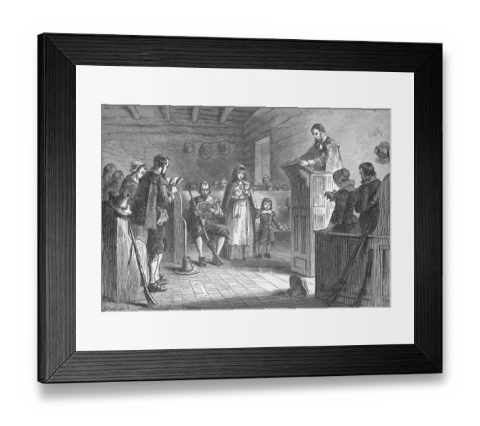 Framed Print : Print Depicting Public Worship at Plymouth by the Pilgrims Framed Print : Print Depicting Public Worship at Plymouth by the Pilgrims