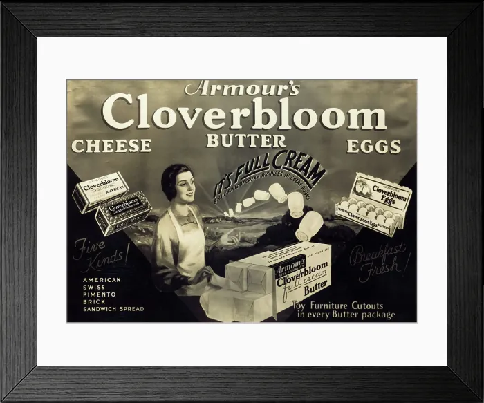 Framed Print : Advertisement for Cloverbloom Milk and Butter Products Framed Print : Advertisement for Cloverbloom Milk and Butter Products