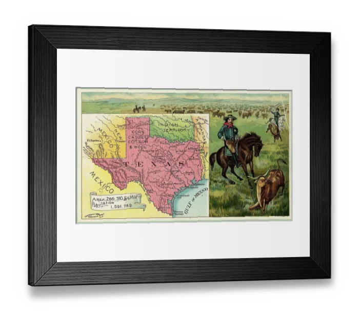 Framed Print : Map Of Texas & Cowboys Roping Cattle Framed Print : Map Of Texas & Cowboys Roping Cattle