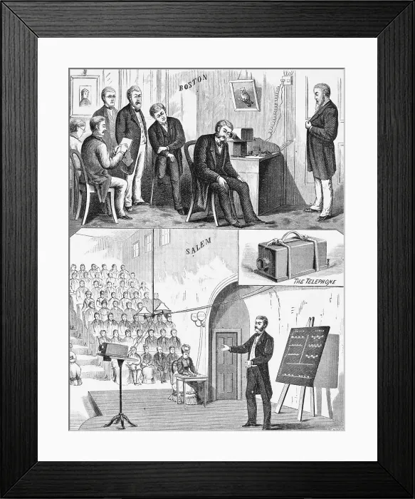Framed Print : Illustration of Alexander Graham Bell Demonstrating Telephone Framed Print : Illustration of Alexander Graham Bell Demonstrating Telephone