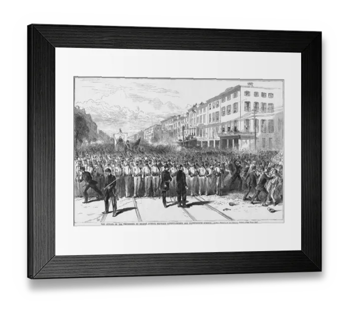 Framed Print : The Attack on the Procession, on Eighth Avenue, Between Twenty-Fourth and Twenty-Fifth Streets Newspaper Illustration Framed Print : The Attack on the Procession, on Eighth Avenue, Between Twenty-Fourth and Twenty-Fifth Streets Newspaper Illustration