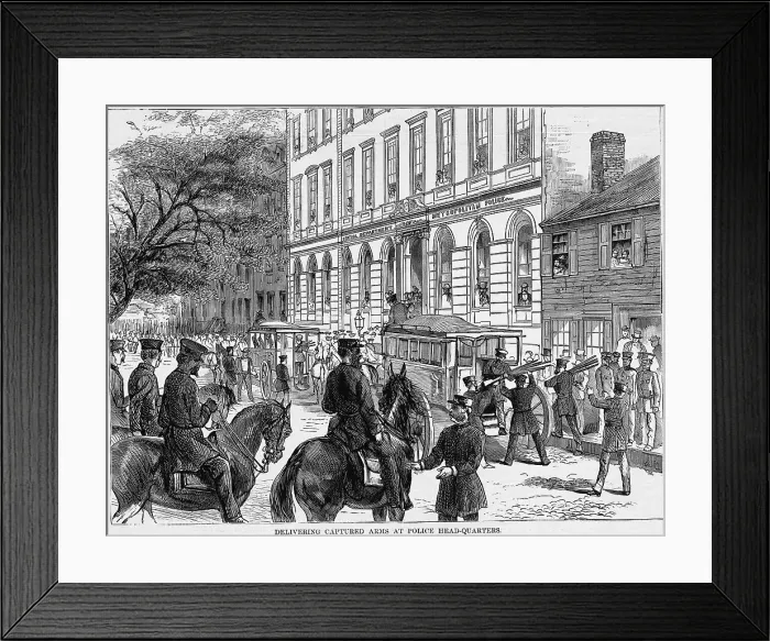 Framed Print : Delivering Captured Arms at Police Headquarters Newspaper Illustration Framed Print : Delivering Captured Arms at Police Headquarters Newspaper Illustration