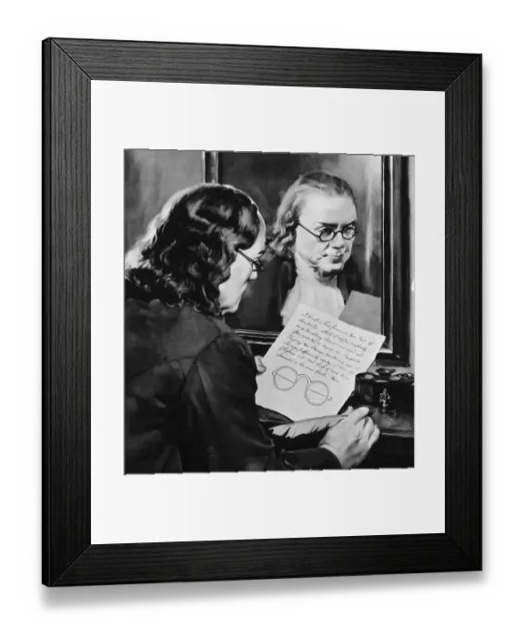 Framed Print : Illustration of Ben Franklin Holding Drawing of Bifocals Framed Print : Illustration of Ben Franklin Holding Drawing of Bifocals