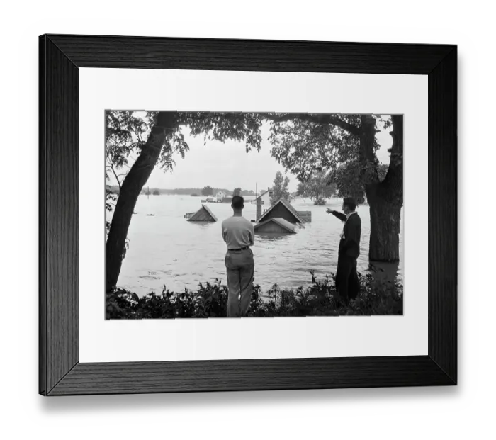 Framed Print : Man Pointing to Attic Flooded by River Framed Print : Man Pointing to Attic Flooded by River
