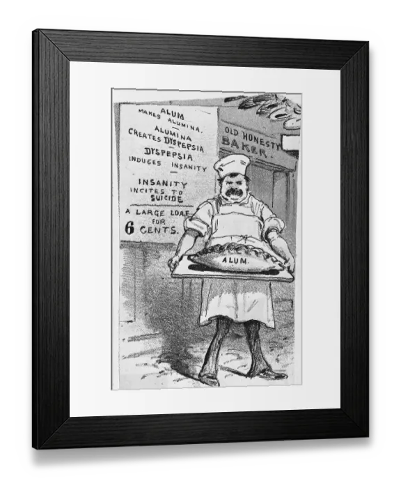 Framed Print : Illustration of Baker Holding Loaf of Bread Containing Alum Framed Print : Illustration of Baker Holding Loaf of Bread Containing Alum