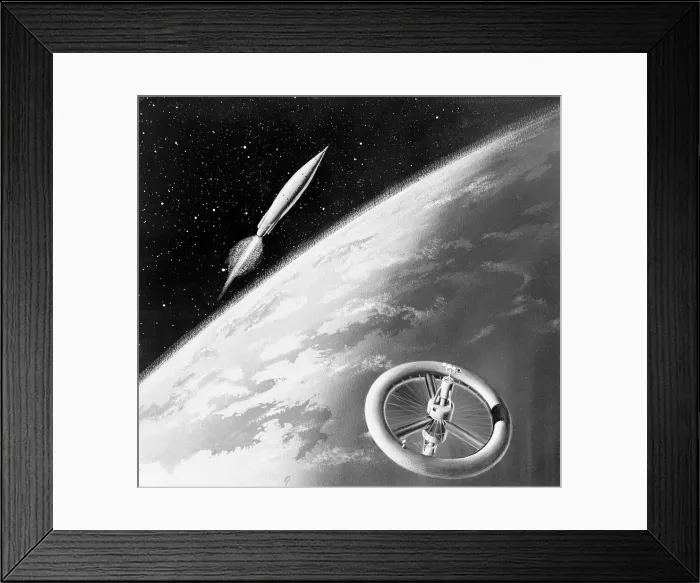 Framed Print : Illustration of a Rocket and Space Station Above Earth Framed Print : Illustration of a Rocket and Space Station Above Earth
