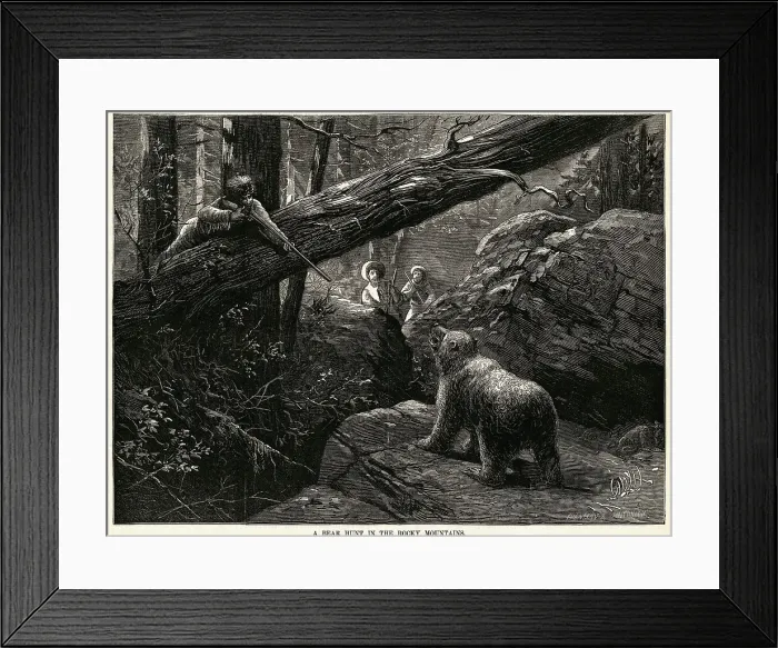 Framed Print : Men Bear Hunting in Rocky Mountains Framed Print : Men Bear Hunting in Rocky Mountains
