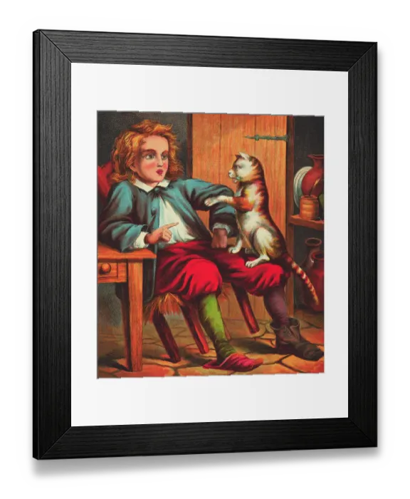 Framed Print : Puss and Boots Conversing with Young Boy Framed Print : Puss and Boots Conversing with Young Boy