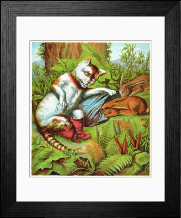 Framed Print : Puss and Boots Chatting with Rabbits Framed Print : Puss and Boots Chatting with Rabbits