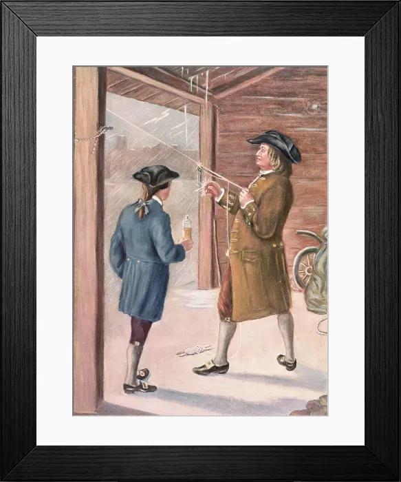 Framed Print : Illustration of Benjamin Franklin and Assistant Performing Lightning Experiment Framed Print : Illustration of Benjamin Franklin and Assistant Performing Lightning Experiment