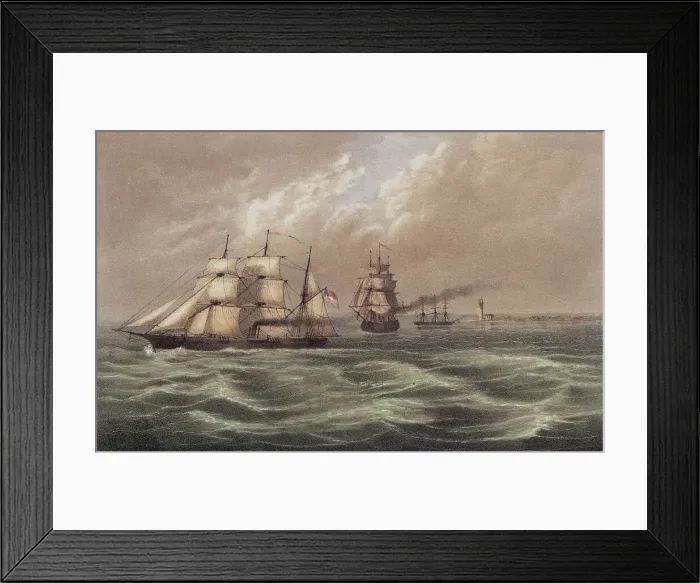 Framed Print : Depiction of Military Vessels Offshore near Lighthouse Framed Print : Depiction of Military Vessels Offshore near Lighthouse