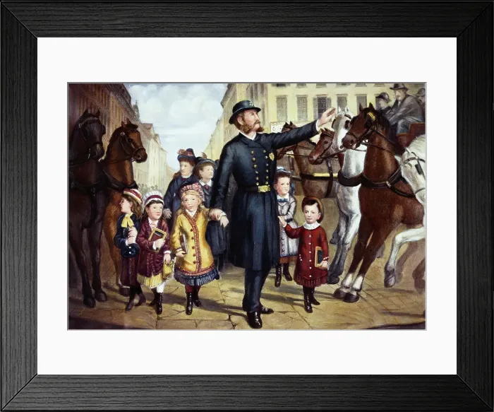 Framed Print : Illustration of Policeman Halting Traffic for Children Framed Print : Illustration of Policeman Halting Traffic for Children