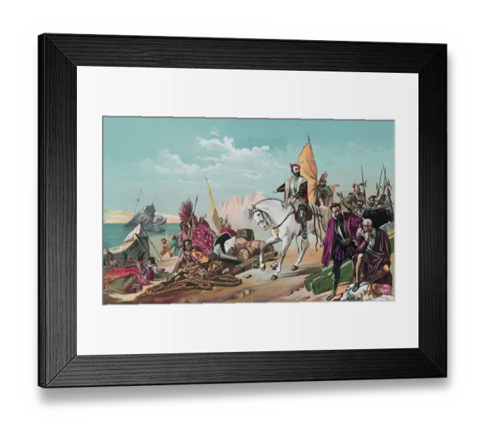Framed Print : Illustration of Hernan Cortes After Ordering His Fleet Scuttled Framed Print : Illustration of Hernan Cortes After Ordering His Fleet Scuttled
