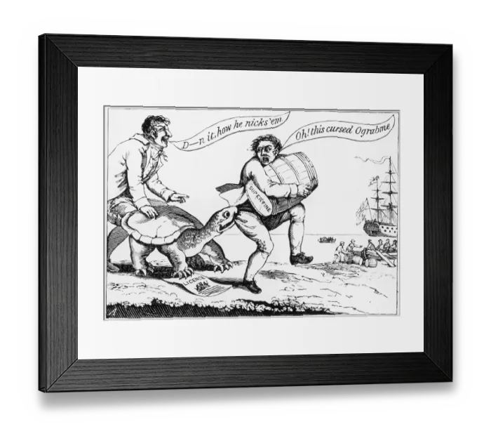 Framed Print : Cartoon: A Smuggler During the Embargo Act 1807-1809 Framed Print : Cartoon: A Smuggler During the Embargo Act 1807-1809