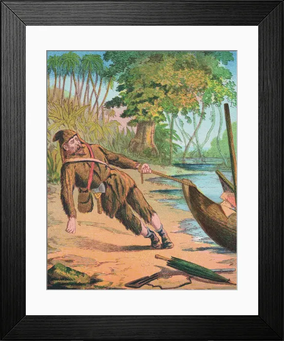 Framed Print : Book Illustration of Robinson Crusoe Pulling His Boat Ashore