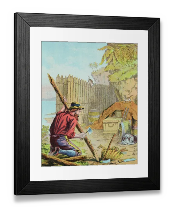 Framed Print : Book Illustration of Robinson Crusoe Pitching Stakes Framed Print : Book Illustration of Robinson Crusoe Pitching Stakes