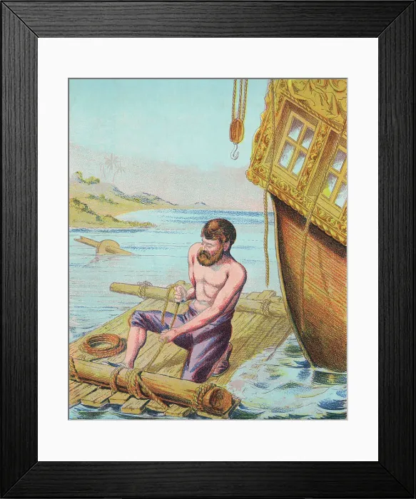 Framed Print : Book Illustration of Robinson Crusoe Tying Together a Raft Framed Print : Book Illustration of Robinson Crusoe Tying Together a Raft