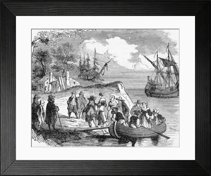 Framed Print : Illustration of the Landing of Dutch Settlers on Manhattan Island Framed Print : Illustration of the Landing of Dutch Settlers on Manhattan Island