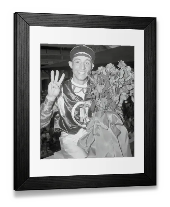 Framed Print : Jockey Eddie Arcaro Holding Winning Bouquet Framed Print : Jockey Eddie Arcaro Holding Winning Bouquet