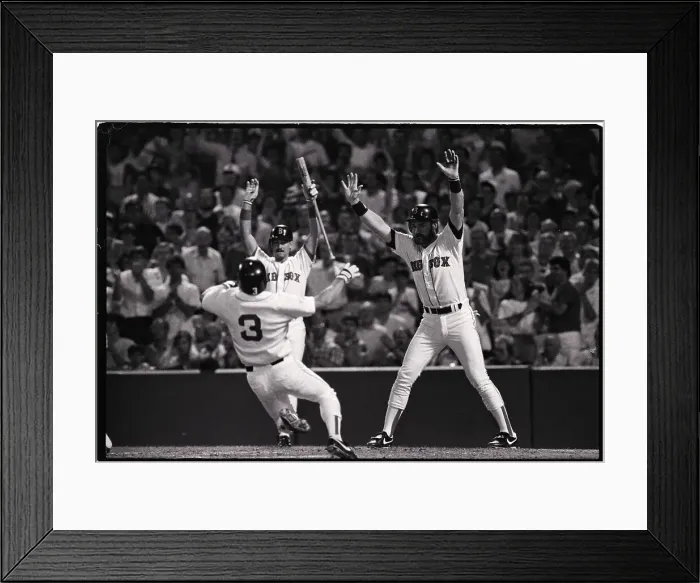Framed Print : 2 Red Sox Raise Arms As Teammate Scores Framed Print : 2 Red Sox Raise Arms As Teammate Scores