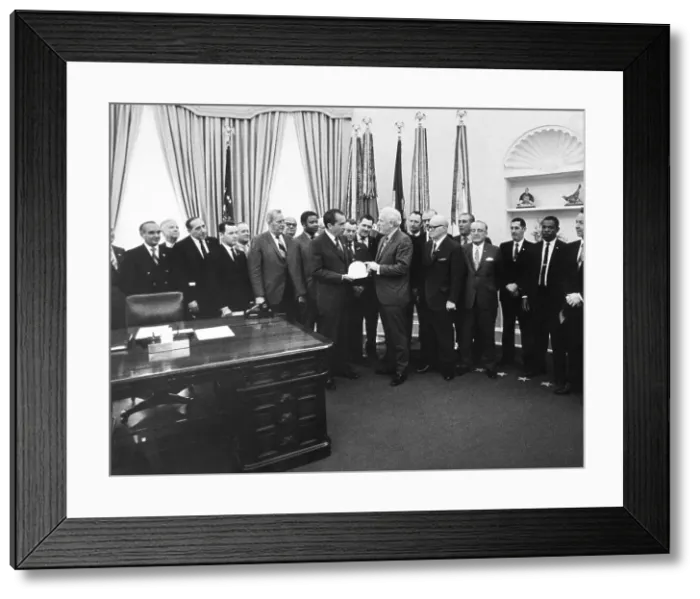 Framed Print : Peter Brennan Gives Hard Hat To Richard Nixon Framed Print : Peter Brennan Gives Hard Hat To Richard Nixon