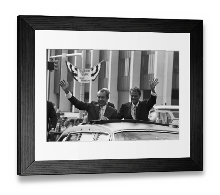 Framed Print : Richard Nixon and Billy Graham Waving to Crowd Framed Print : Richard Nixon and Billy Graham Waving to Crowd