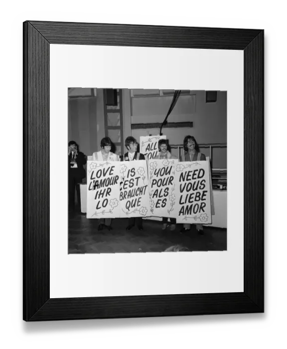 Framed Print : The Beatles Holding All You Need is Love Signs in Different Languages Framed Print : The Beatles Holding All You Need is Love Signs in Different Languages