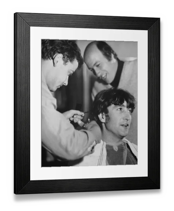 Framed Print : John Lennon Getting a Haircut Framed Print : John Lennon Getting a Haircut