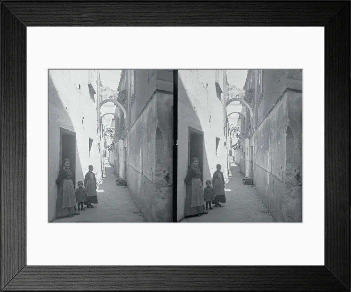 Framed Print : View of Street with Family in Doorway Framed Print : View of Street with Family in Doorway