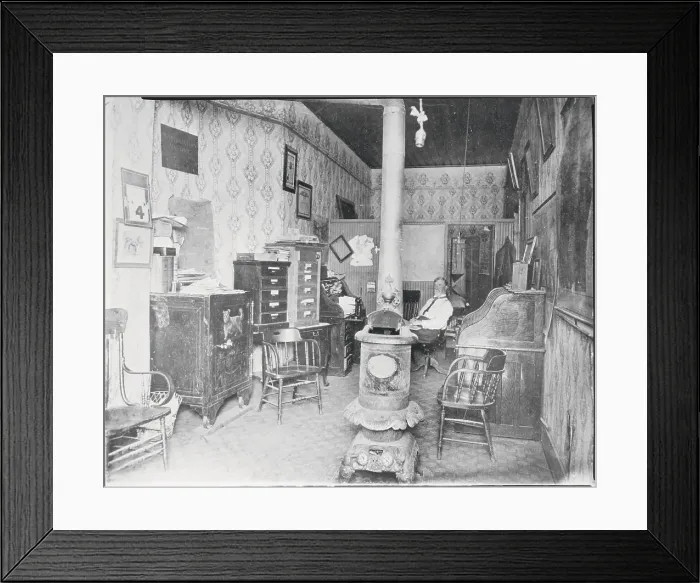 Framed Print : Office Interior with Old Fashioned Stove Framed Print : Office Interior with Old Fashioned Stove