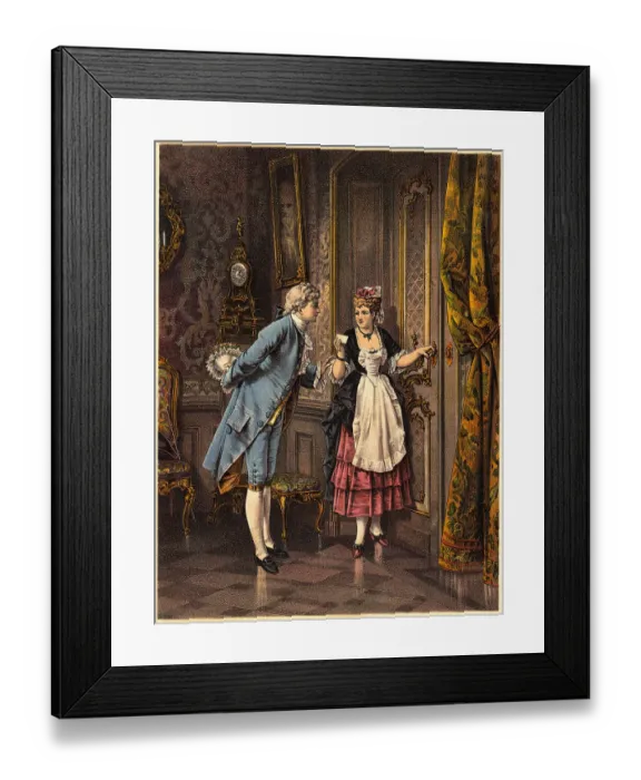 Framed Print : Maid Reading Note from Man with Flowers Framed Print : Maid Reading Note from Man with Flowers