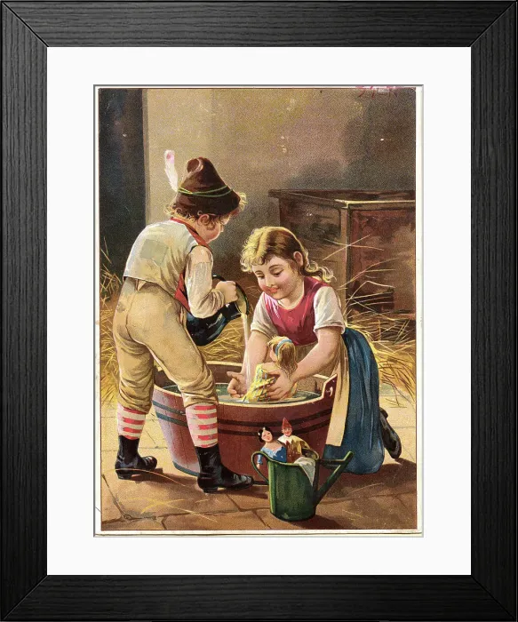 Framed Print : Children Bathing a Doll Framed Print : Children Bathing a Doll