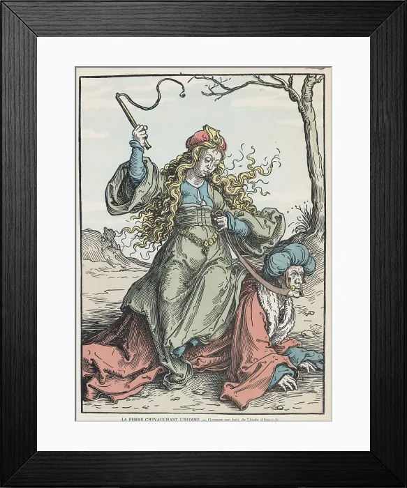 Framed Print : Woman Disciplining Man on Leash Framed Print : Woman Disciplining Man on Leash