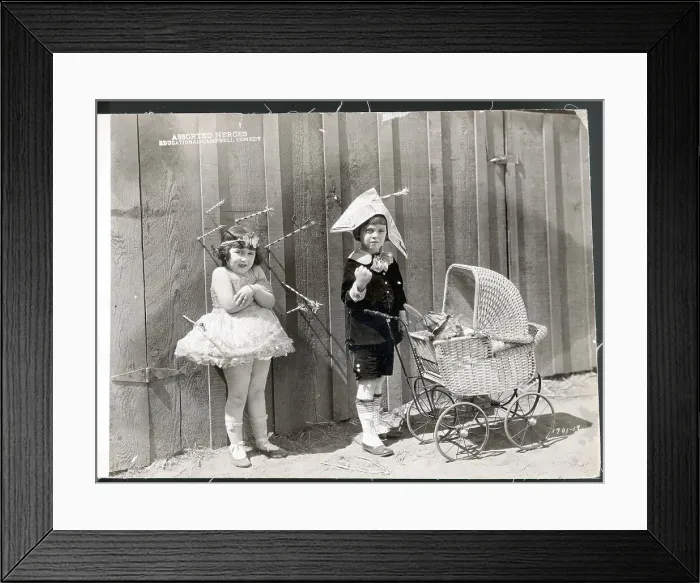 Framed Print : Boy & Girl Dressed Up with Cat in Carriage Framed Print : Boy & Girl Dressed Up with Cat in Carriage
