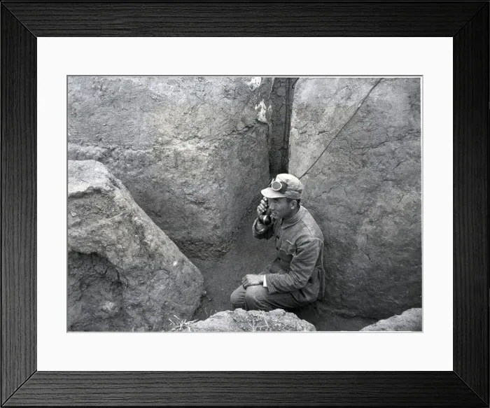 Framed Print : Soldier Talking In Ditch On Phone