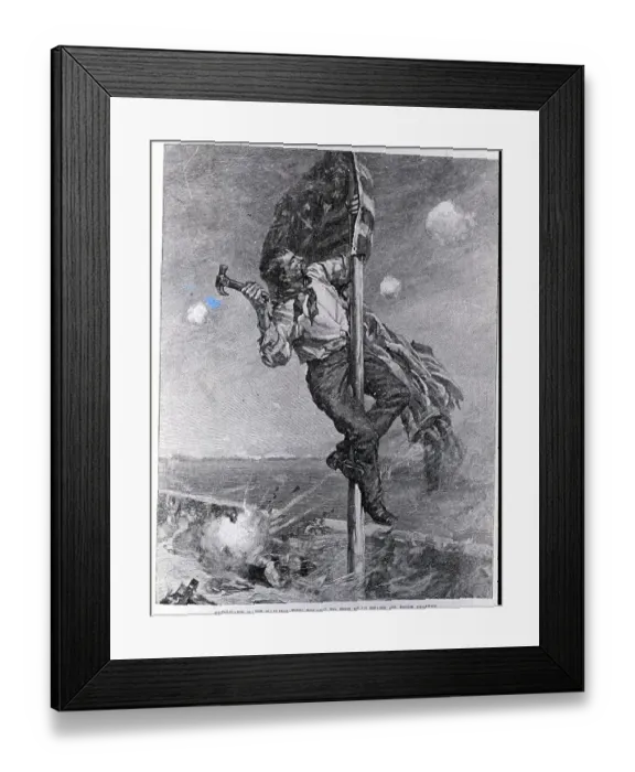Framed Print : Man Nailing up Flag Framed Print : Man Nailing up Flag