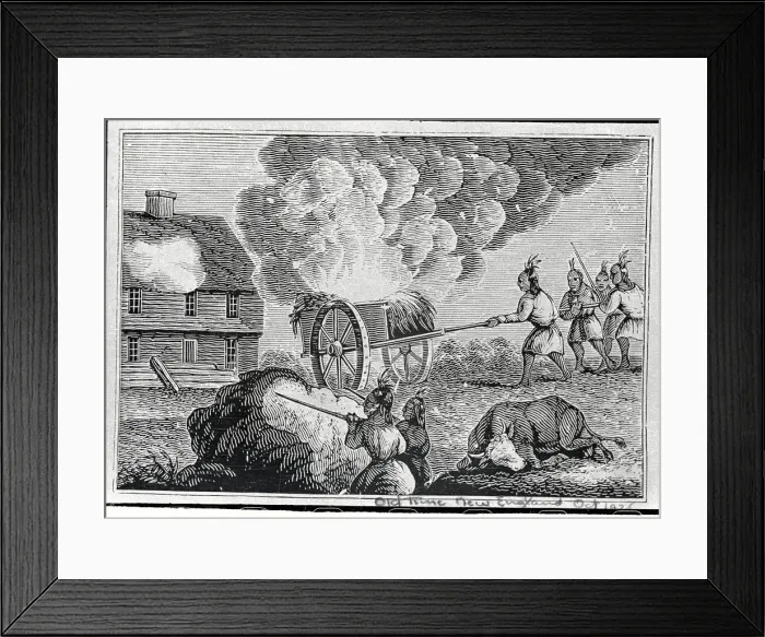 Framed Print : Indians Attacking Garrison House with Fire Wagon Framed Print : Indians Attacking Garrison House with Fire Wagon